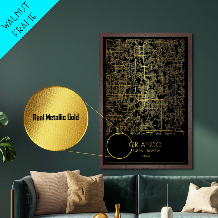 Orlando Florida City street map, Metallic Gold Print, Metal Art, wood framed map, black and gold, Street Map Art, Office Decor