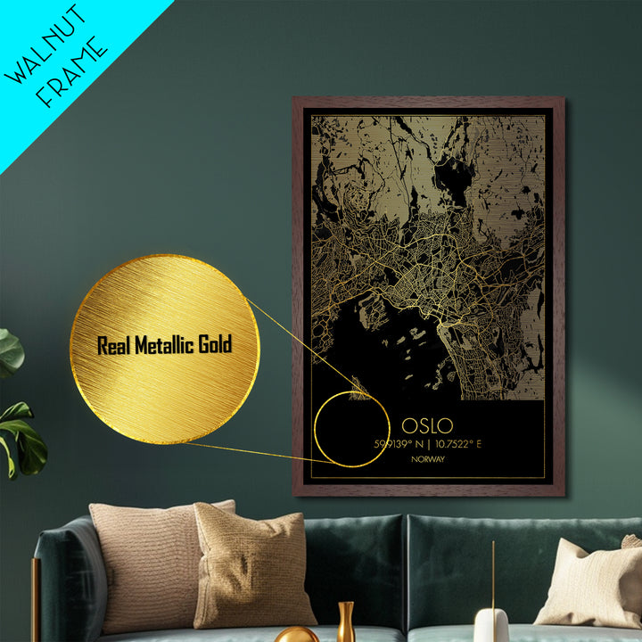 Oslo Norway City Poster, Metallic Gold Art, Metal Art, real wood frames, black and gold, Map Art, Best Friend Gifts