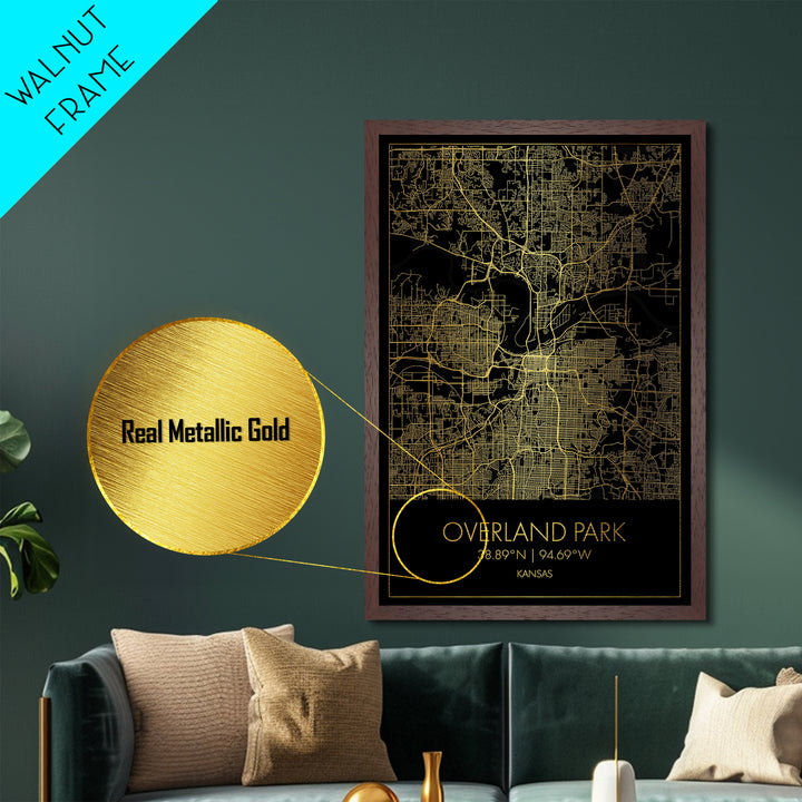 Overland Park Kansas City street map, Metallic Gold Print, Metal Art, wood framed map, black and gold, Gold Street Map Art, Modern Wall Art