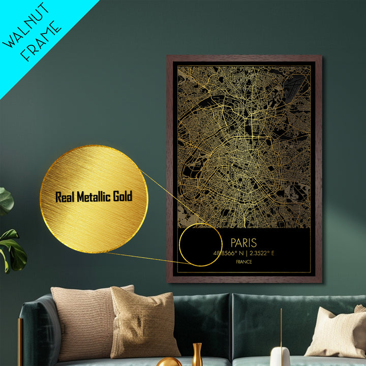 Paris France City street map, Metallic Gold Print, Metal Art, wood framed map, black and gold, Street Map Art, Office Decor