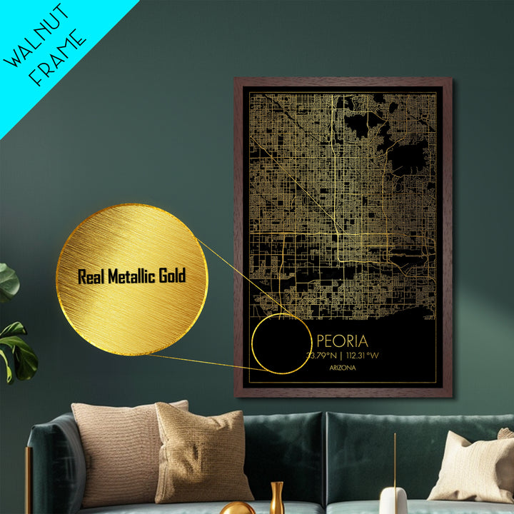Peoria Arizona City street map, Metallic Gold Print, Metal Art, wood framed map, black and gold, Gold Street Map Art, Modern Wall Art