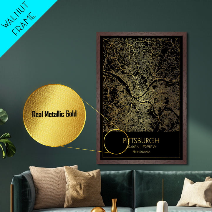 Pittsburgh Pennsylvania City Poster, Metallic Gold Art, Metal Art, real wood frames, black and gold, Map Art, Best Friend Gifts