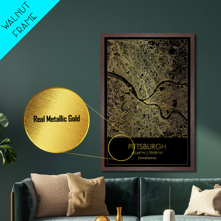 Pittsburgh Pennsylvania street map, Metallic Gold Print, Metal Art, wood framed map, black and gold, Gold Street Map Art, Modern Wall Art