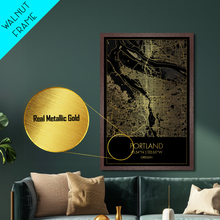 Portland Oregon City street map, Metallic Gold Print, Metal Art, wood framed map, black and gold, Street Map Art, Office Decor