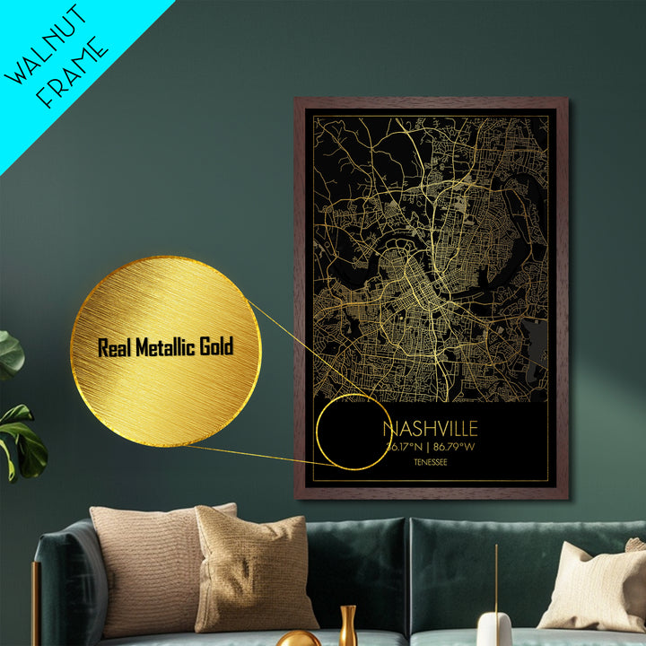 Nashville Tennessee City street map, Metallic Gold Print, Metal Art, wood framed map, black and gold, Street Map Art, Office Decor