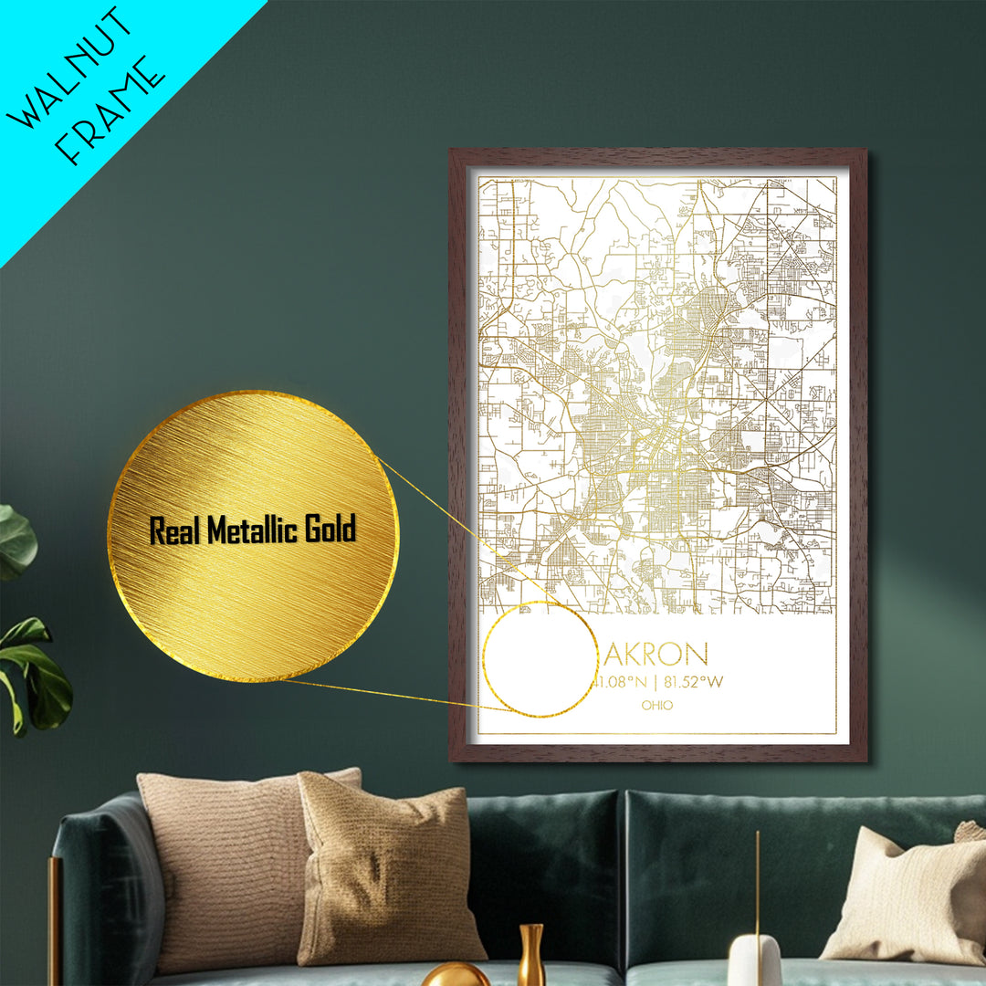 Akron Ohio City Poster, Metallic Gold Art, Metal Art, real wood frames, black and gold, Street Map Art, Modern House Art