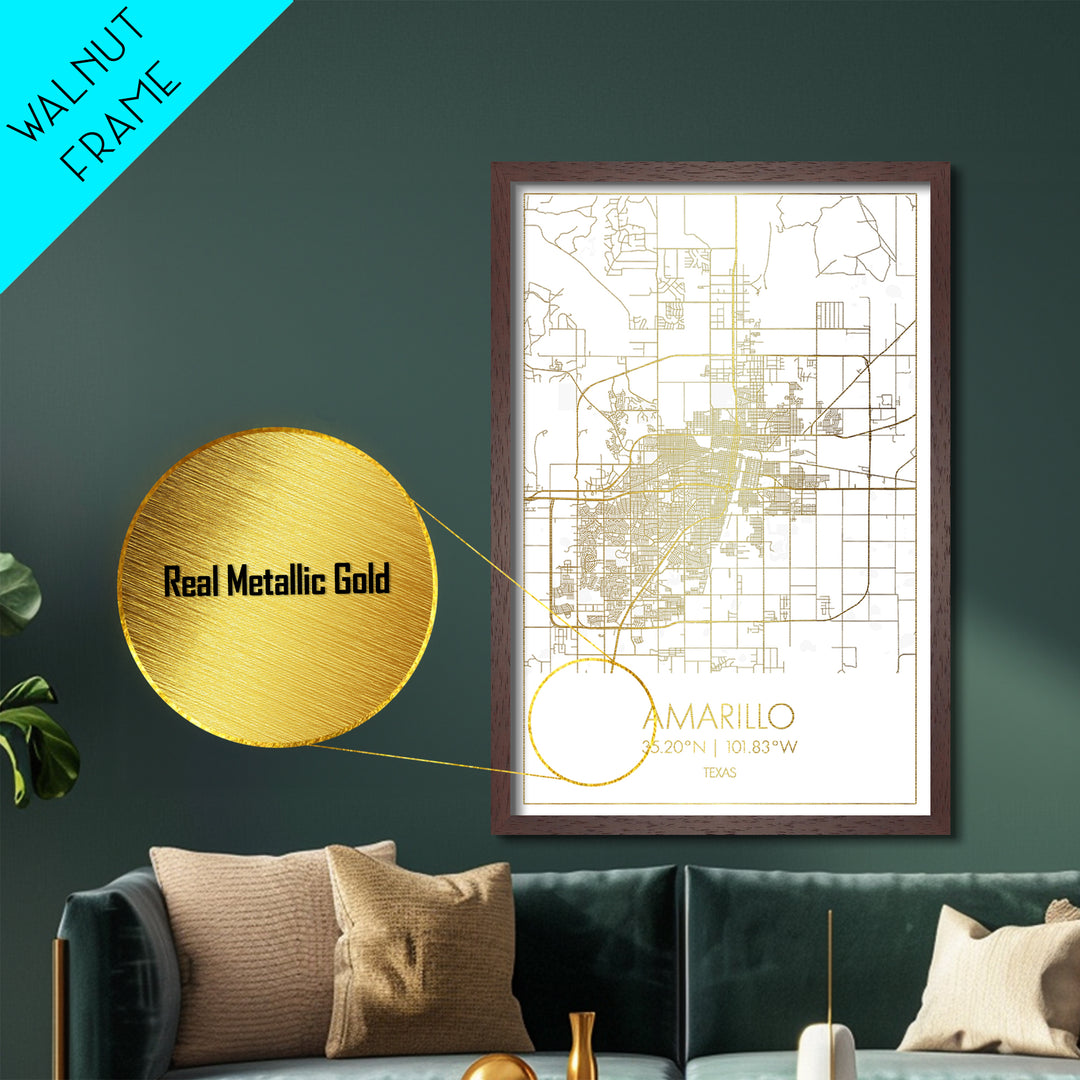 Amarillo Texas City Poster, Metallic Gold Art, Metal Art, real wood frames, black and gold, Map Art, Best Friend Gifts