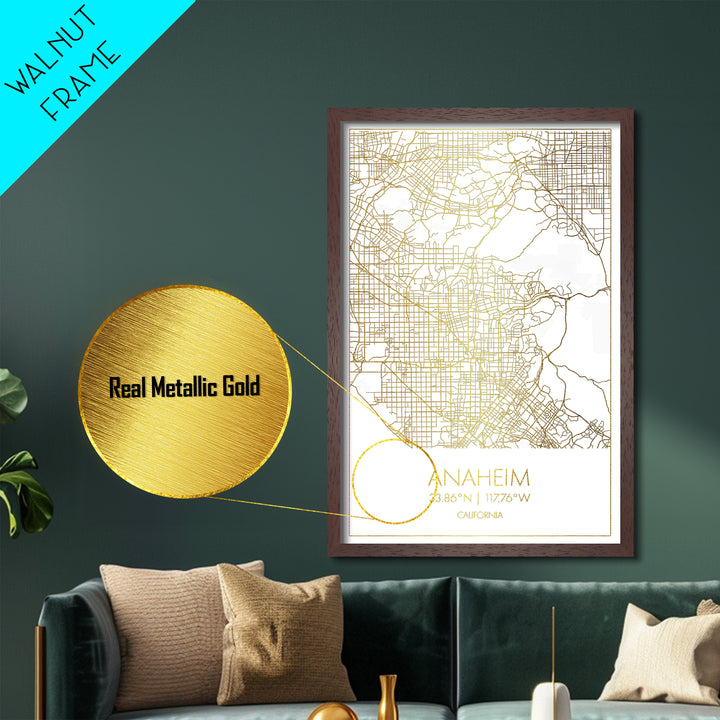 Anaheim California City street map, Metallic Gold Print, Metal Art, wood framed map, black and gold, Gold Street Map Art, Modern Wall Art