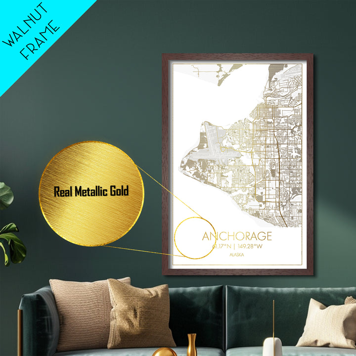 Anchorage Alaska City street map, Metallic Gold Print, Metal Art, wood framed map, black and gold, Street Map Art, Office Decor