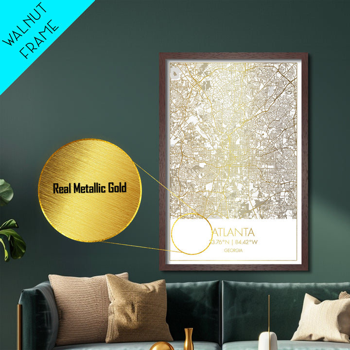 Atlanta Georgia City Poster, Metallic Gold Art, Metal Art, real wood frames, black and gold, Street Map Wall Art, Closing Gift