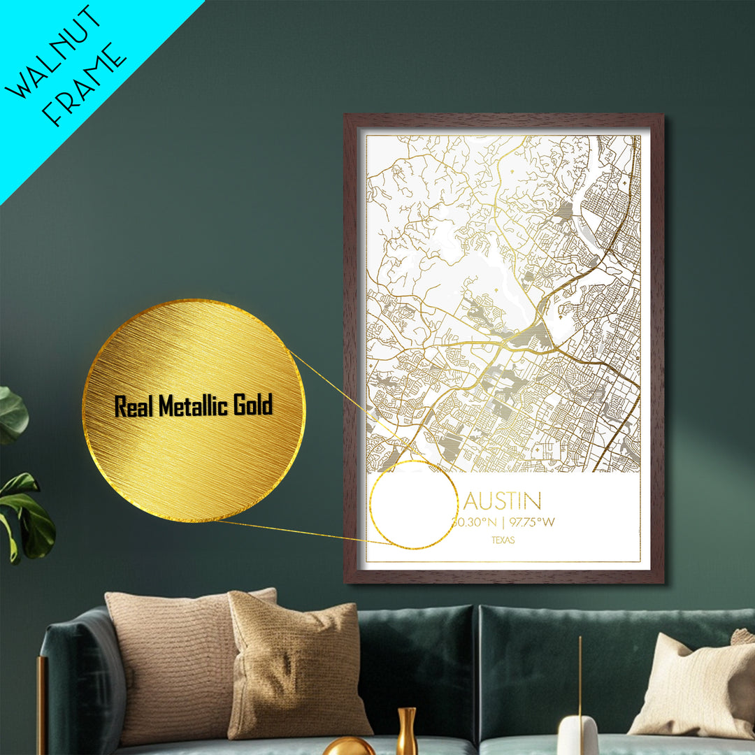 Austin Texas City Poster, Metallic Gold Art, Metal Art, real wood frames, black and gold, Street Map Art, Modern House Art
