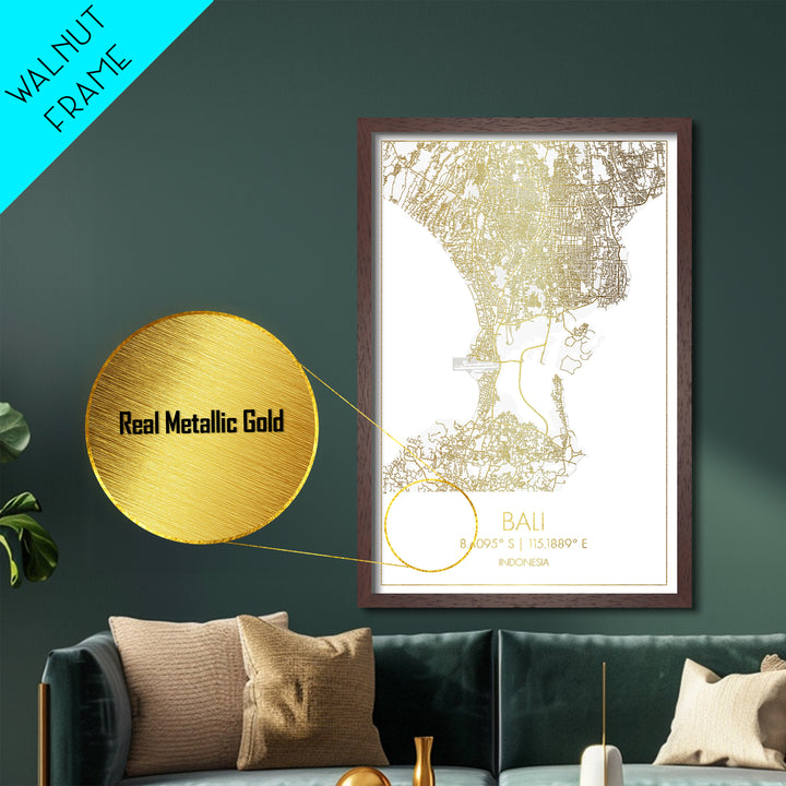 Bali Indonesia City Poster, Metallic Gold Art, Metal Art, real wood frames, black and gold, Map Art, Best Friend Gifts