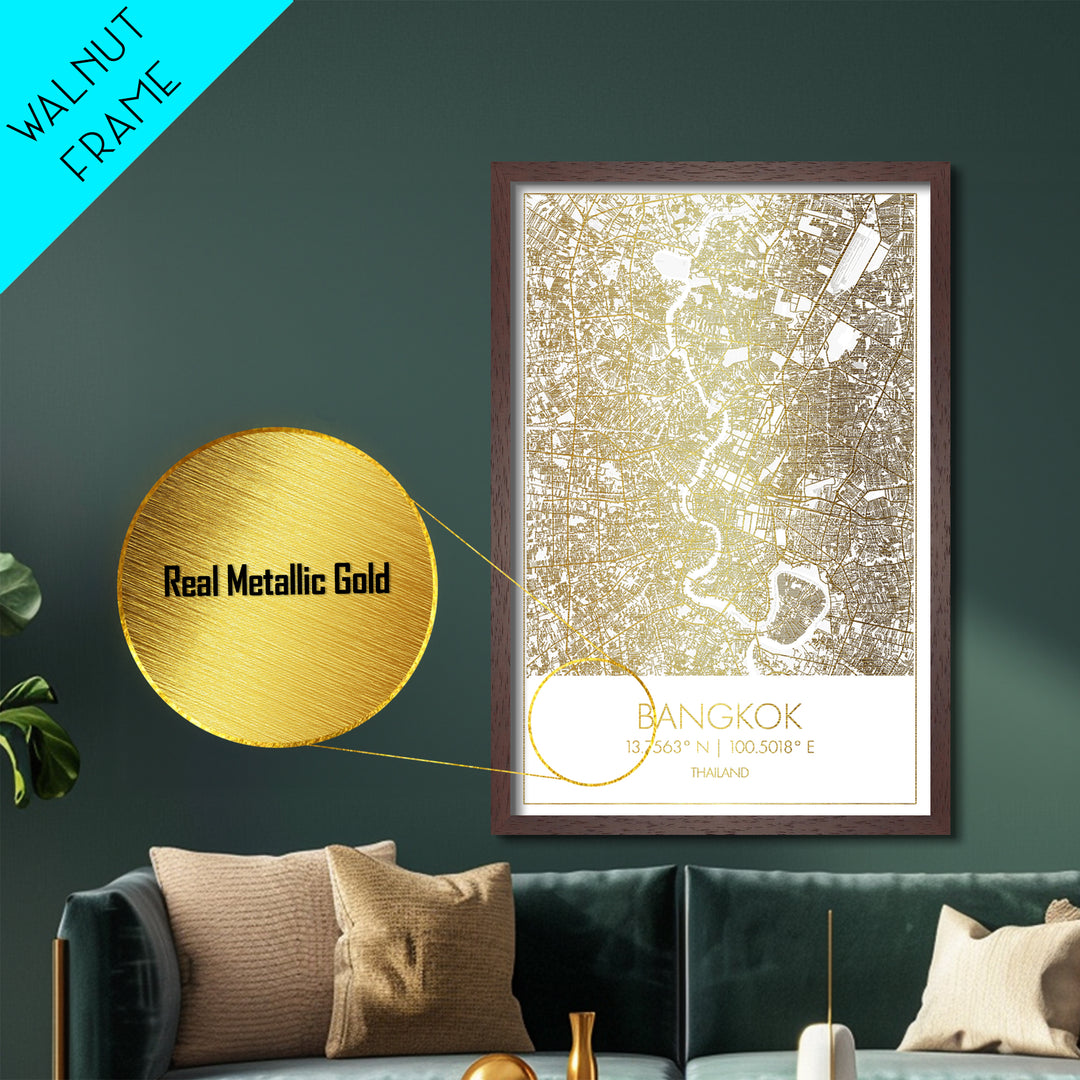 Bangkok Thailand City Poster, Metallic Gold Art, Metal Art, real wood frames, black and gold, Minimalist Wall Art, Map Print Poster