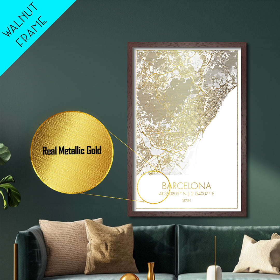 Barcelona Spain City street map, Metallic Gold Print, Metal Art, wood framed map, black and gold, Street Map Art, Office Decor