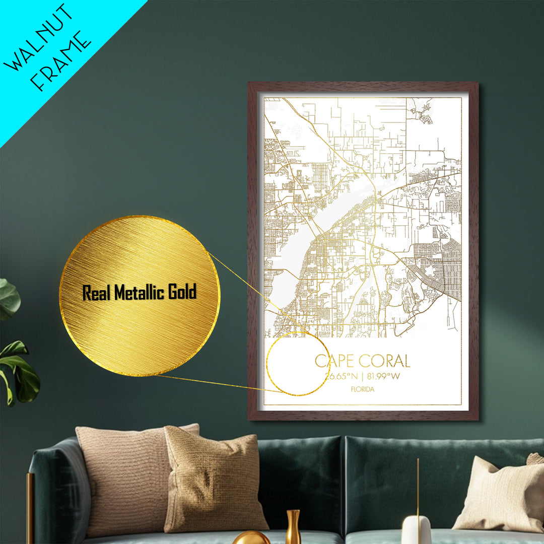 Cape Coral Florida City Poster, Metallic Gold Art, Metal Art, real wood frames, black and gold, Map Art, Best Friend Gifts