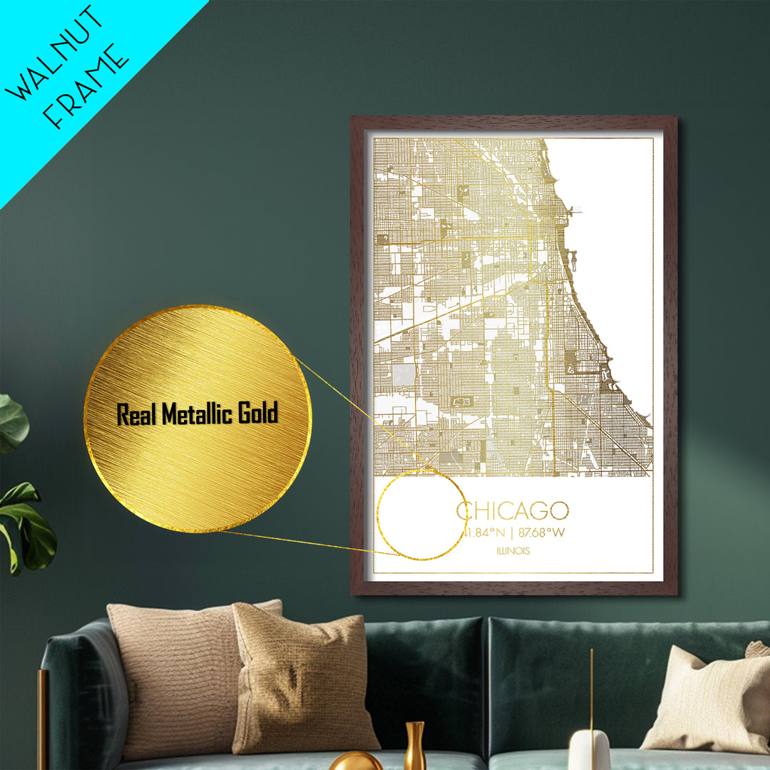 Chicago Illinois City street map, Metallic Gold Print, Metal Art, wood framed map, black and gold, Gold Street Map Art, Modern Wall Art