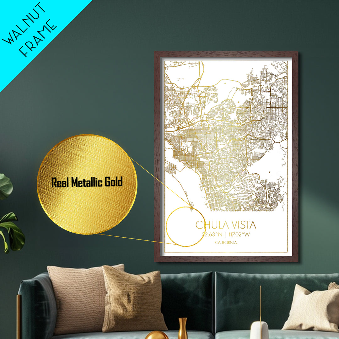 Chula Vista California City Poster, Metallic Gold Art, Metal Art, real wood frames, black and gold, Minimalist Wall Art, Map Print Poster