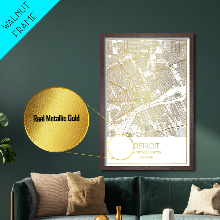 Detroit Michigan City Poster, Metallic Gold Art, Metal Art, real wood frames, black and gold, Gold Street Map Art, Best Friend Gifts
