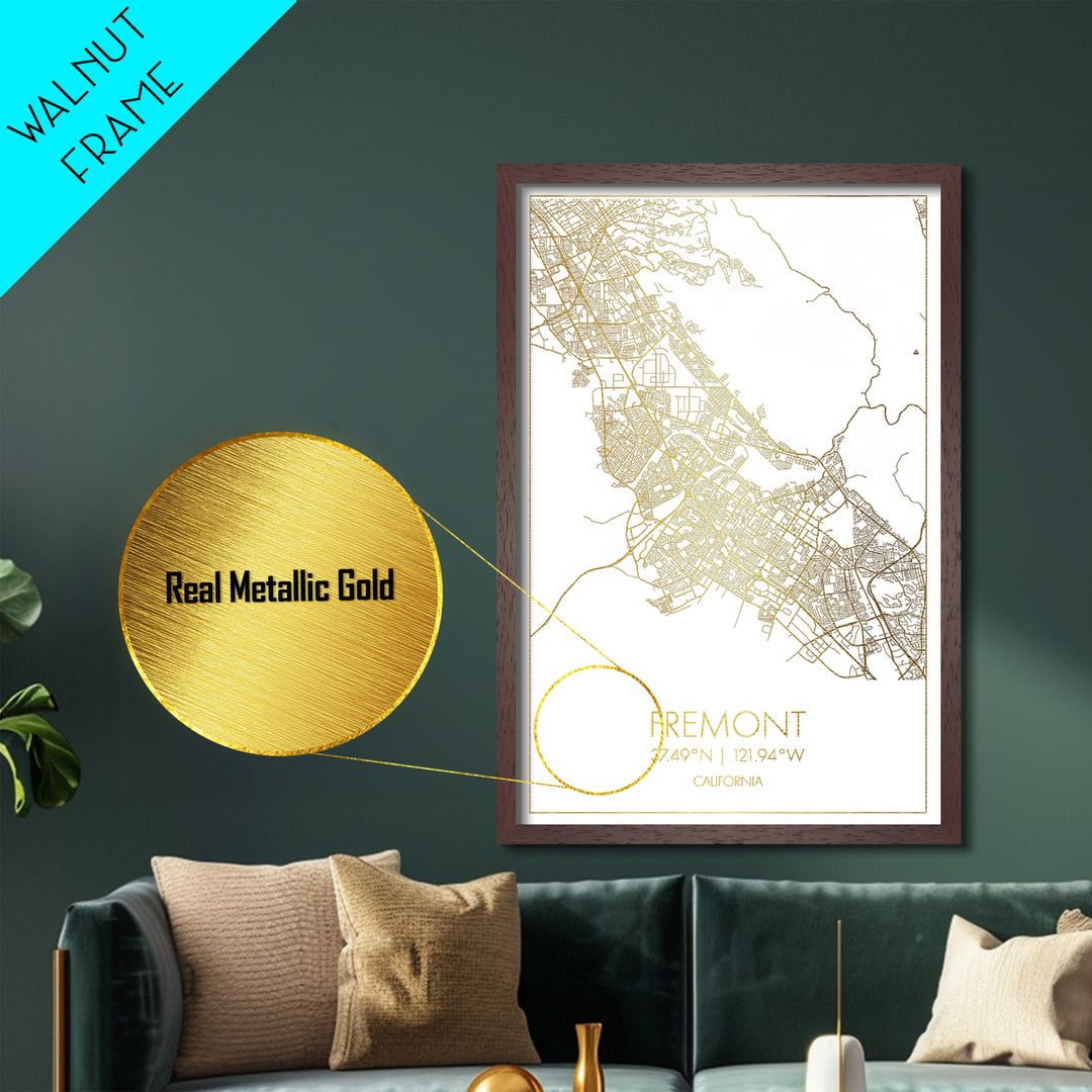 Fremont California City street map, Metallic Gold Print, Metal Art, wood framed map, black and gold, Gold Street Map Art, Modern Wall Art
