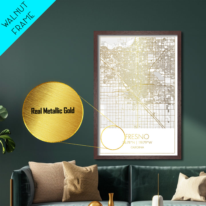 Fresno California City Poster, Metallic Gold Art, Metal Art, real wood frames, black and gold, Minimalist Wall Art, Map Print Poster