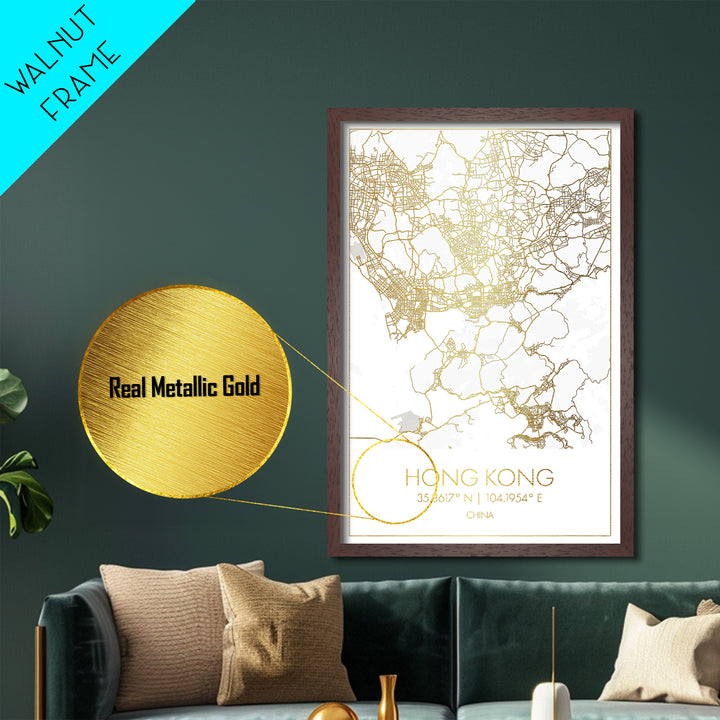 Hong Kong China City street map, Metallic Gold Print, Metal Art, wood framed map, black and gold, Gold Street Map Art, Modern Wall Art
