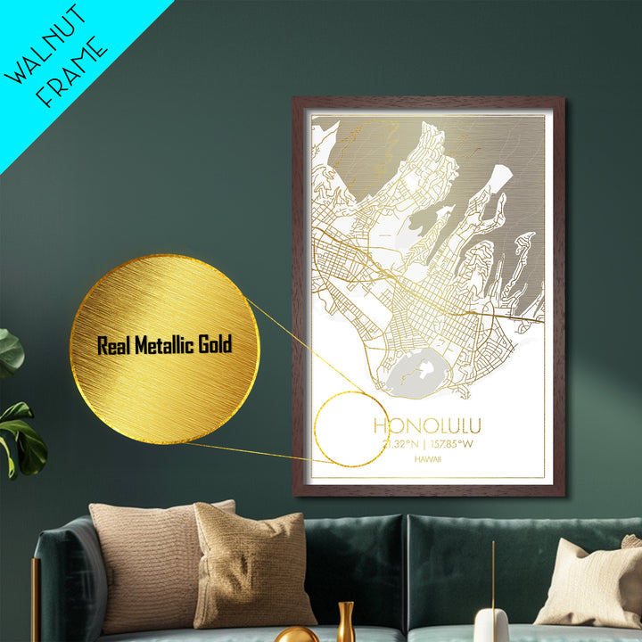 Honolulu Hawaii City Poster, Metallic Gold Art, Metal Art, real wood frames, black and gold, Minimalist Wall Art, Map Print Poster