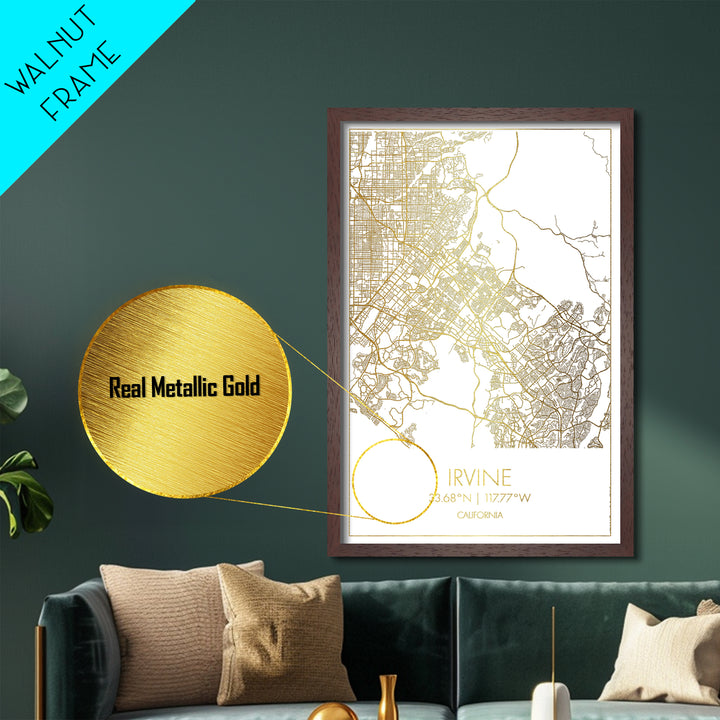 Irvine California City street map, Metallic Gold Print, Metal Art, wood framed map, black and gold, Street Map Art, Office Decor