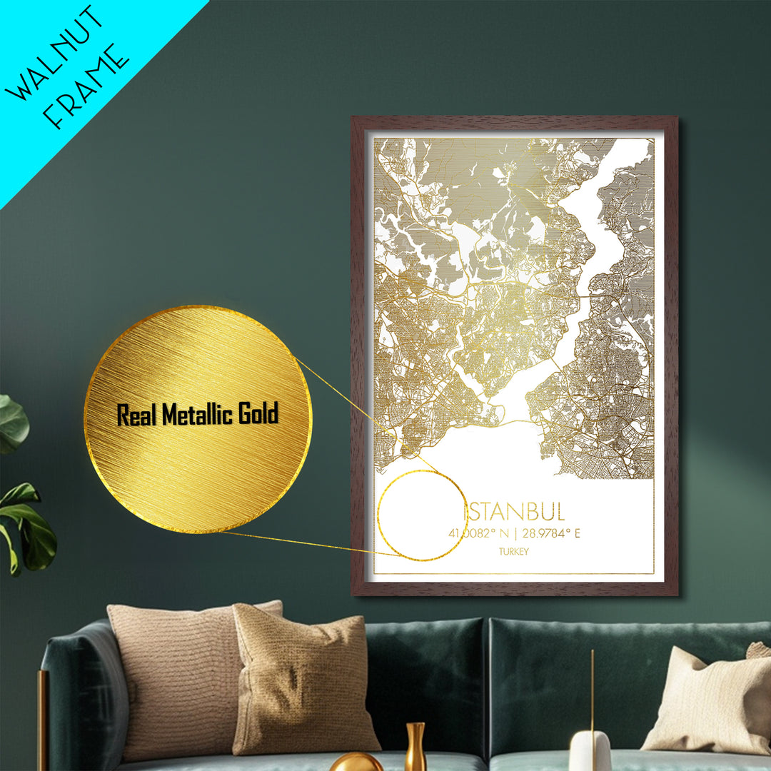 Istanbul Turkey City Poster, Metallic Gold Art, Metal Art, real wood frames, black and gold, Minimalist Wall Art, Map Print Poster