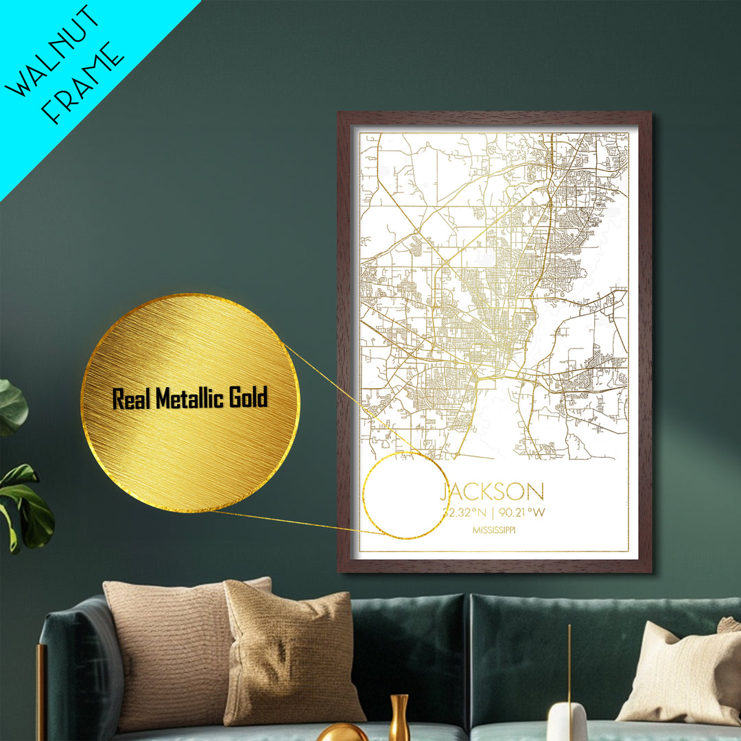 Jackson Mississippi City street map, Metallic Gold Print, Metal Art, wood framed map, black and gold, Street Map Art, Office Decor