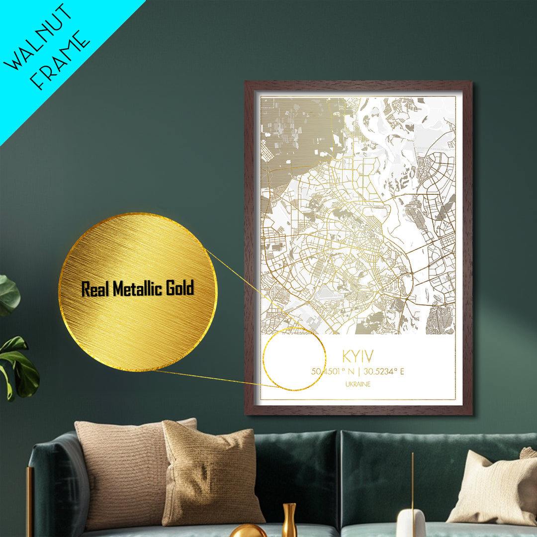 Kyiv Ukraine City street map, Metallic Gold Print, Metal Art, wood framed map, black and gold, Gold Street Map Art, Modern Wall Art