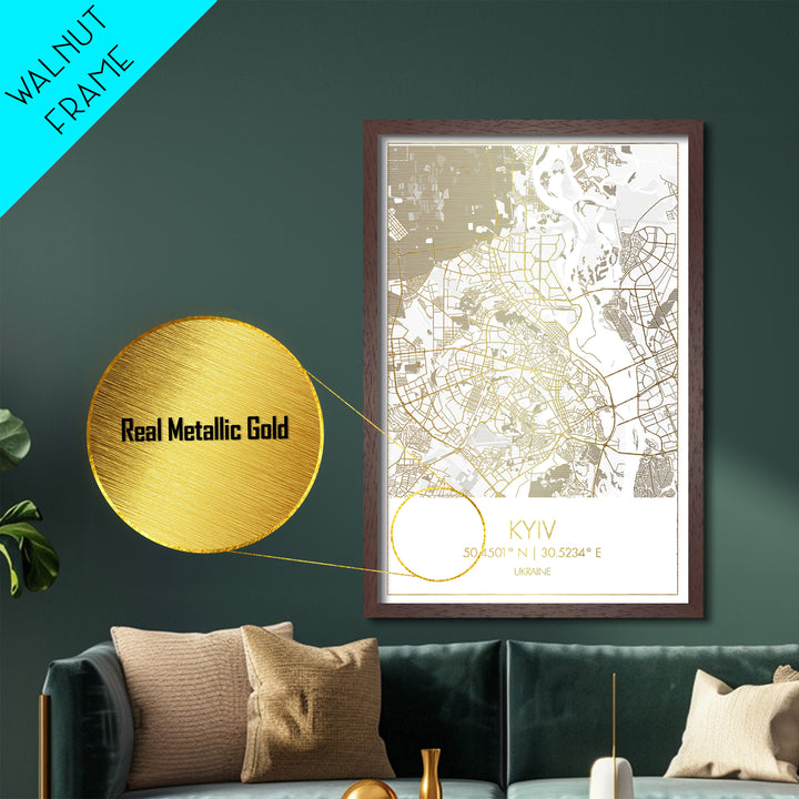 Kyiv Ukraine City street map, Metallic Gold Print, Metal Art, wood framed map, black and gold, Gold Street Map Art, Modern Wall Art