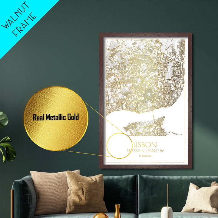 Lisbon Portugal City street map, Metallic Gold Print, Metal Art, wood framed map, black and gold, Street Map Art, Office Decor