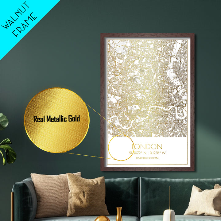 London United Kingdom City street map, Metallic Gold Print, Metal Art, wood framed map, black and gold, Gold Street Map Art, Modern Wall Art