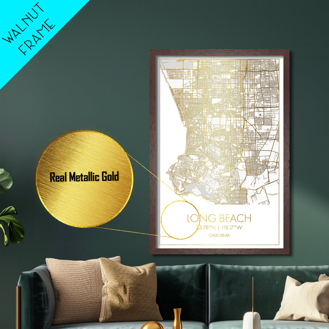 Long Beach California City Poster, Metallic Gold Art, Metal Art, real wood frames, black and gold, Minimalist Wall Art, Map Print Poster
