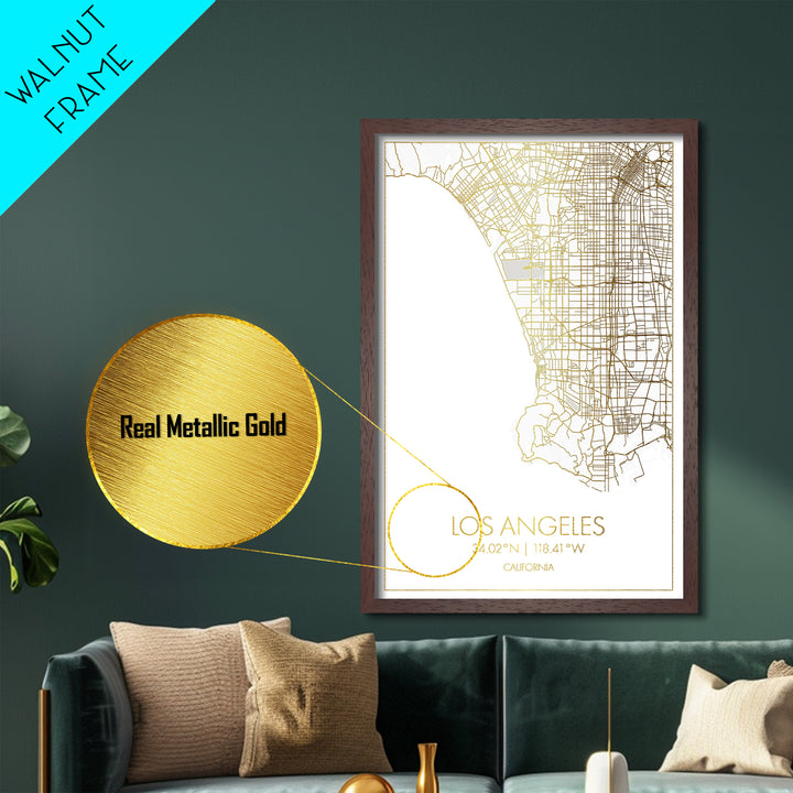 Los Angeles California City street map, Metallic Gold Print, Metal Art, wood framed map, black and gold, Street Map Art, Office Decor