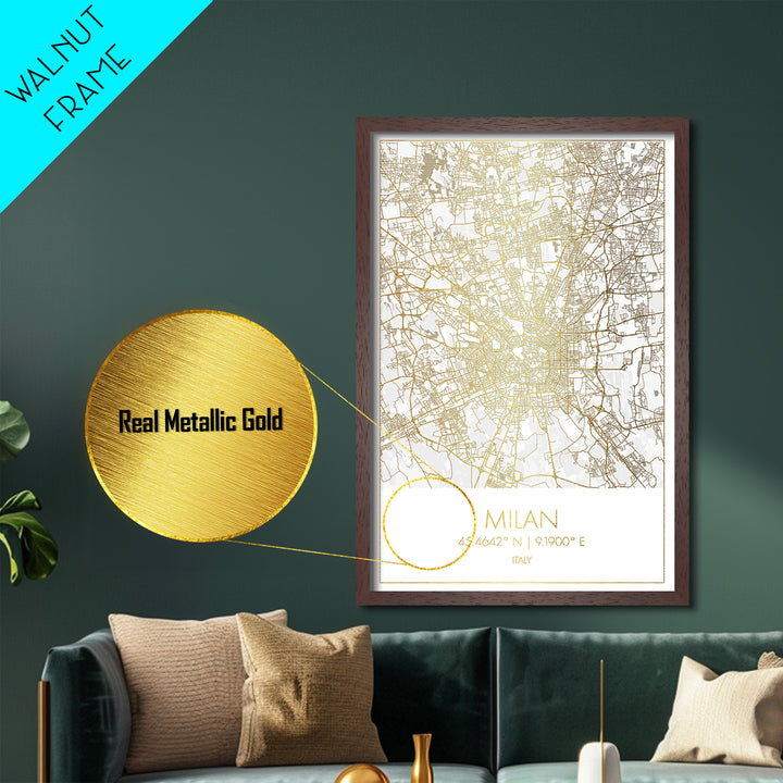 Milan Italy City Poster, Metallic Gold Art, Metal Art, real wood frames, black and gold, Minimalist Wall Art, Map Print Poster
