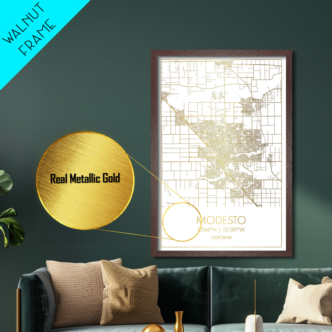 Modesto California City Poster, Metallic Gold Art, Metal Art, real wood frames, black and gold, Minimalist Wall Art, Map Print Poster