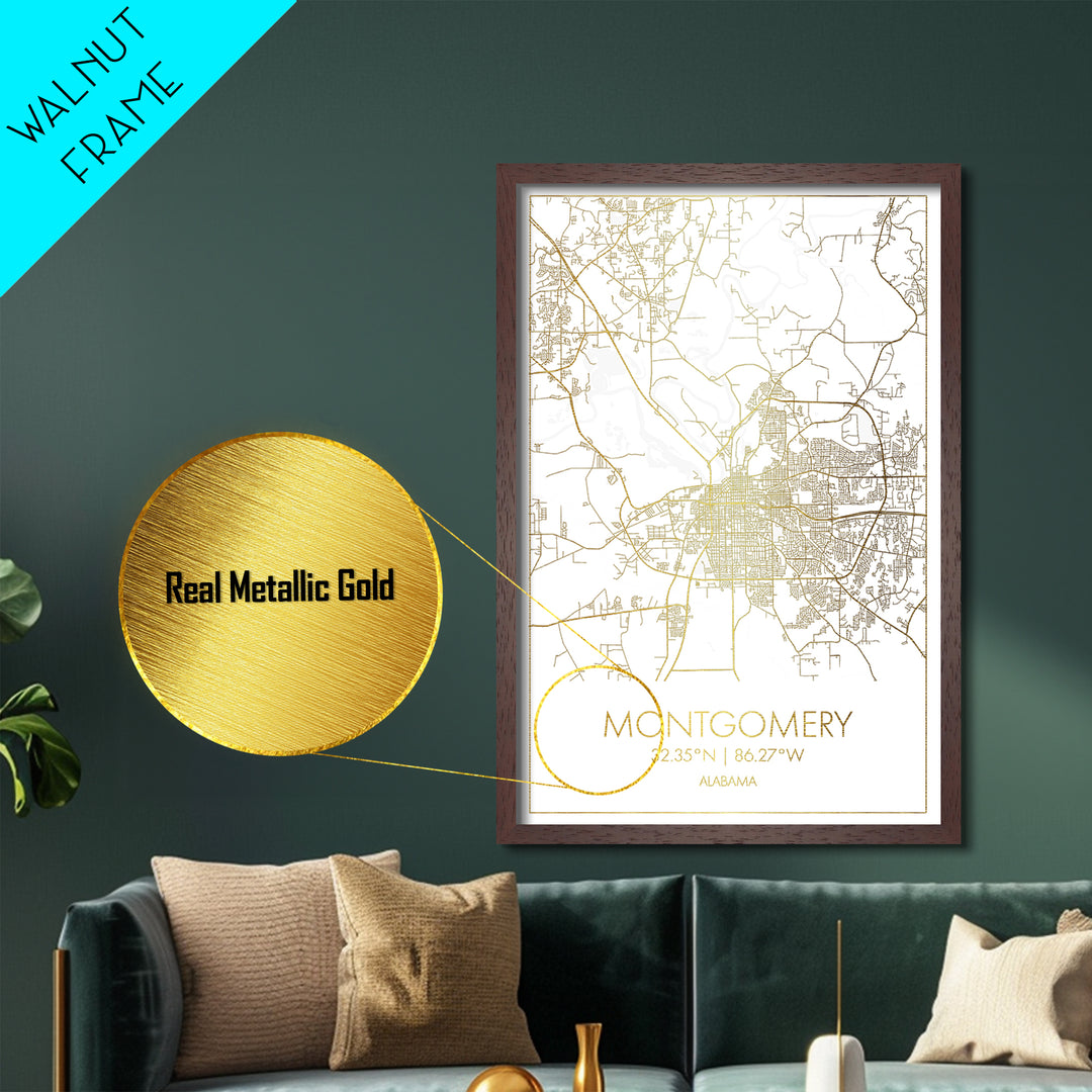 Montgomery Alabama City street map, Metallic Gold Print, Metal Art, wood framed map, black and gold, Street Map Art, Office Decor