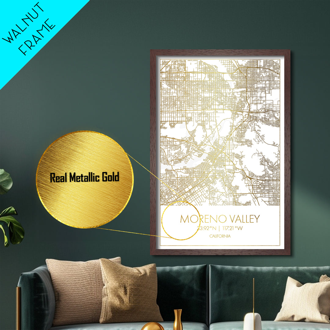 Moreno Valley California City Poster, Metallic Gold Art, Metal Art, real wood frames, black and gold, Map Art, Best Friend Gifts