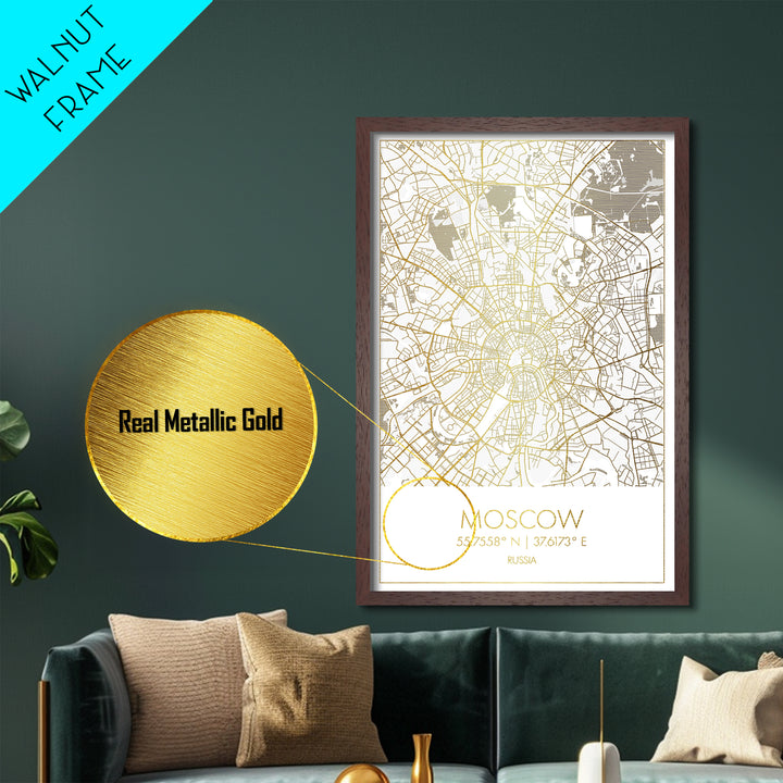 Moscow Russia City street map, Metallic Gold Print, Metal Art, wood framed map, black and gold, Gold Street Map Art, Modern Wall Art