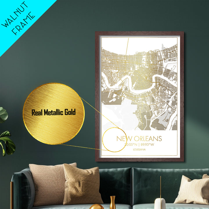 New Orleans Louisiana City street map, Metallic Gold Print, Metal Art, wood framed map, black and gold, Gold Street Map Art, Modern Wall Art