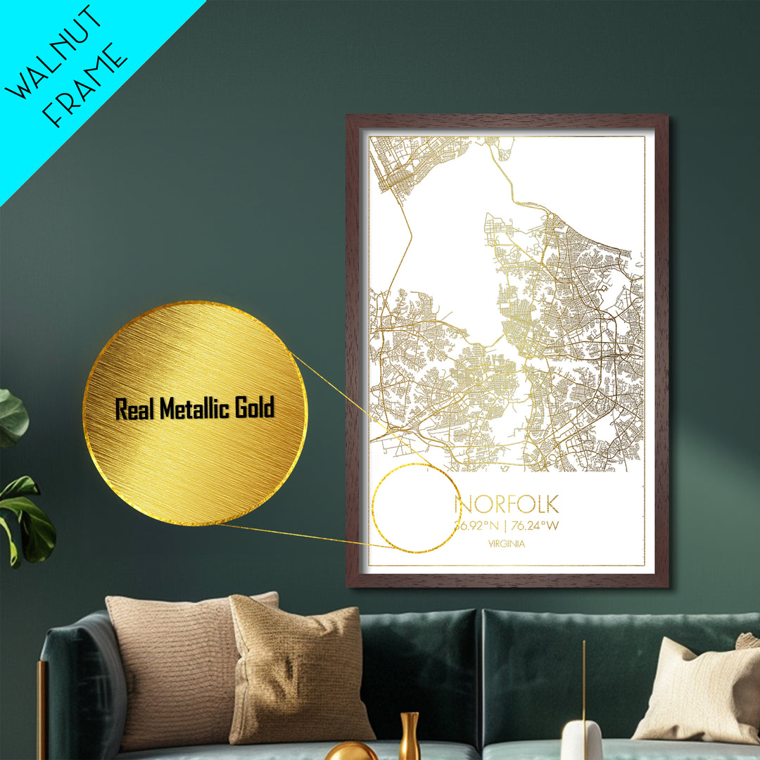 Norfolk Virginia City Poster, Metallic Gold Art, Metal Art, real wood frames, black and gold, Map Art, Best Friend Gifts