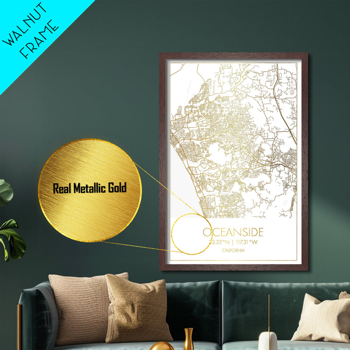 Oceanside California City street map, Metallic Gold Print, Metal Art, wood framed map, black and gold, Street Map Art, Office Decor