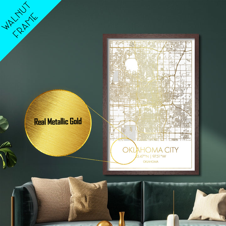 Oklahoma City Oklahoma City Poster, Metallic Gold Art, Metal Art, real wood frames, black and gold, Map Art, Best Friend Gifts