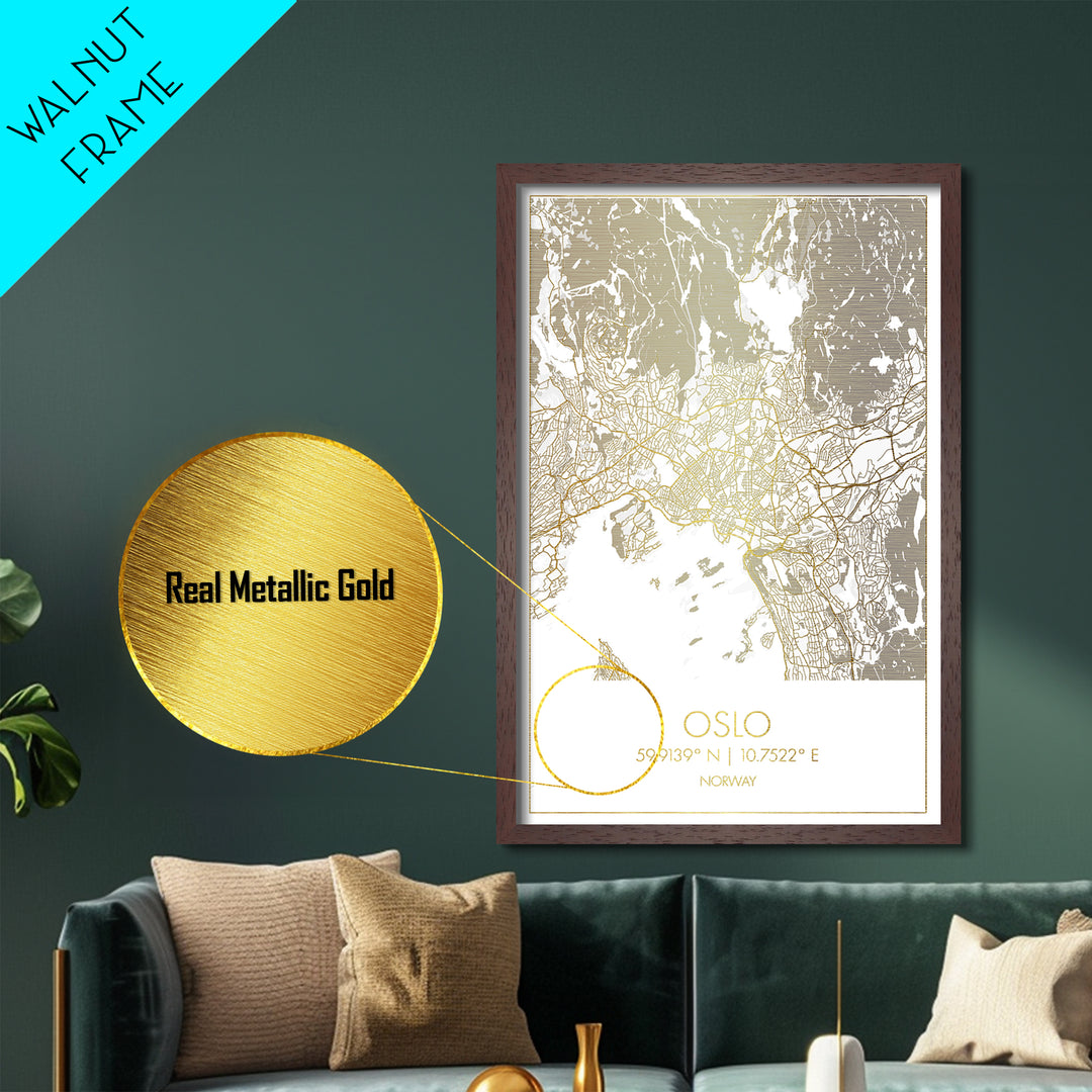 Oslo Norway City Poster, Metallic Gold Art, Metal Art, real wood frames, black and gold, Map Art, Best Friend Gifts
