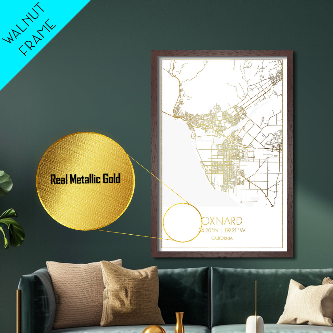 Oxnard California City Poster, Metallic Gold Art, Metal Art, real wood frames, black and gold, Minimalist Wall Art, Map Print Poster