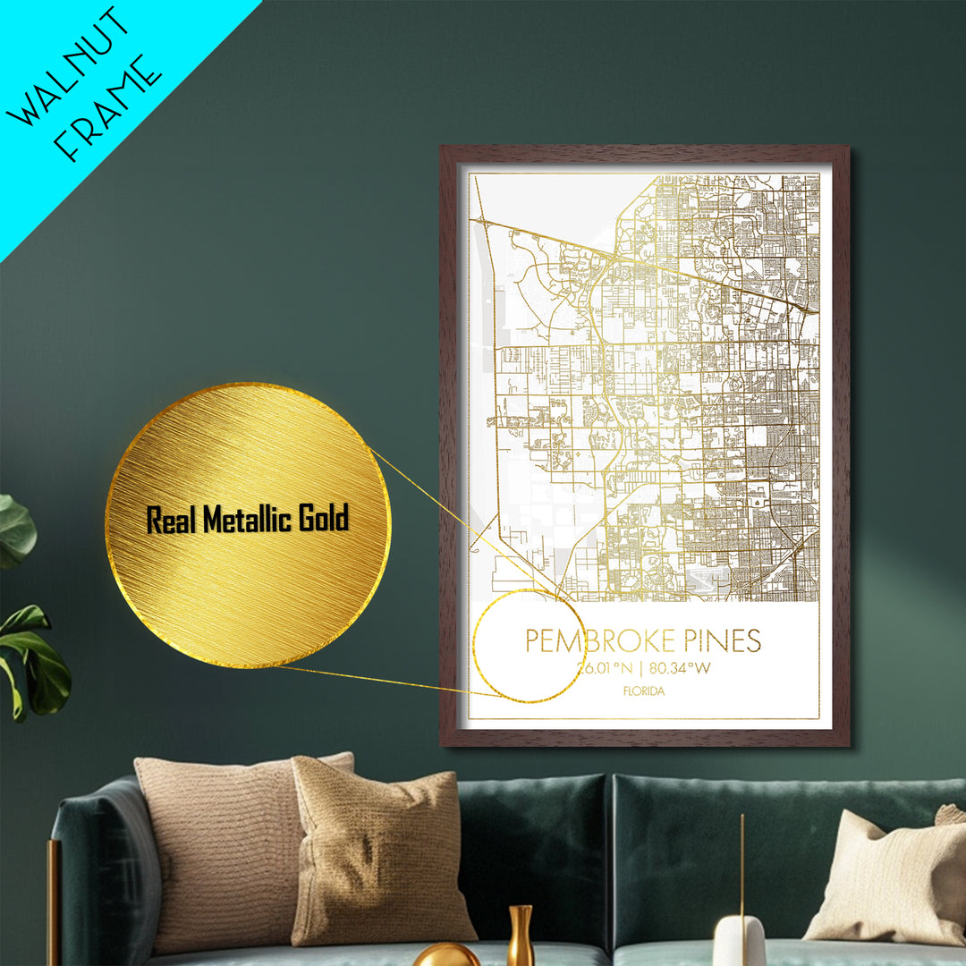 Pembroke Pines Florida City Poster, Metallic Gold Art, Metal Art, real wood frames, black and gold, Map Art, Best Friend Gifts
