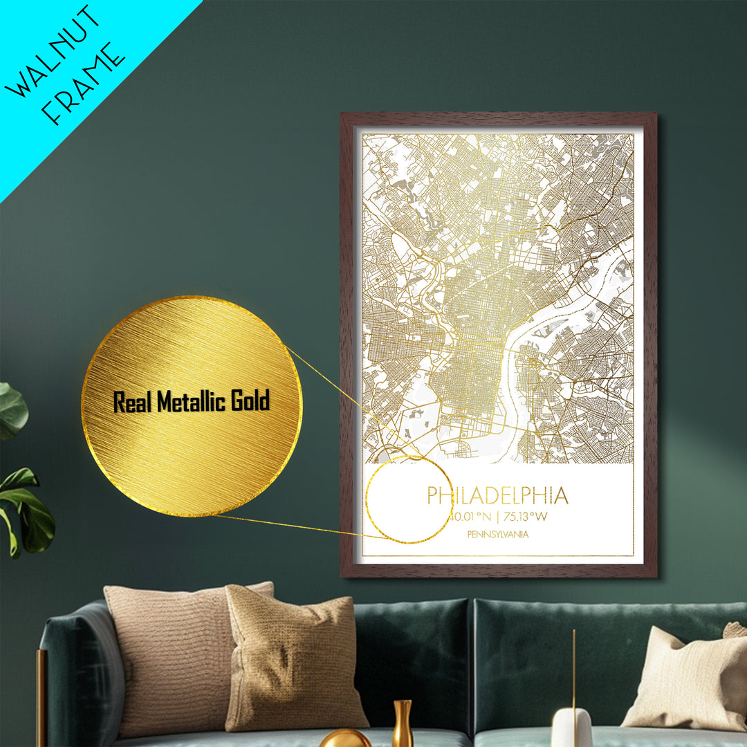 Philadelphia Pennsylvania City Poster, Metallic Gold Art, Metal Art, real wood frames, black and gold, Minimalist Wall Art, Map Print Poster