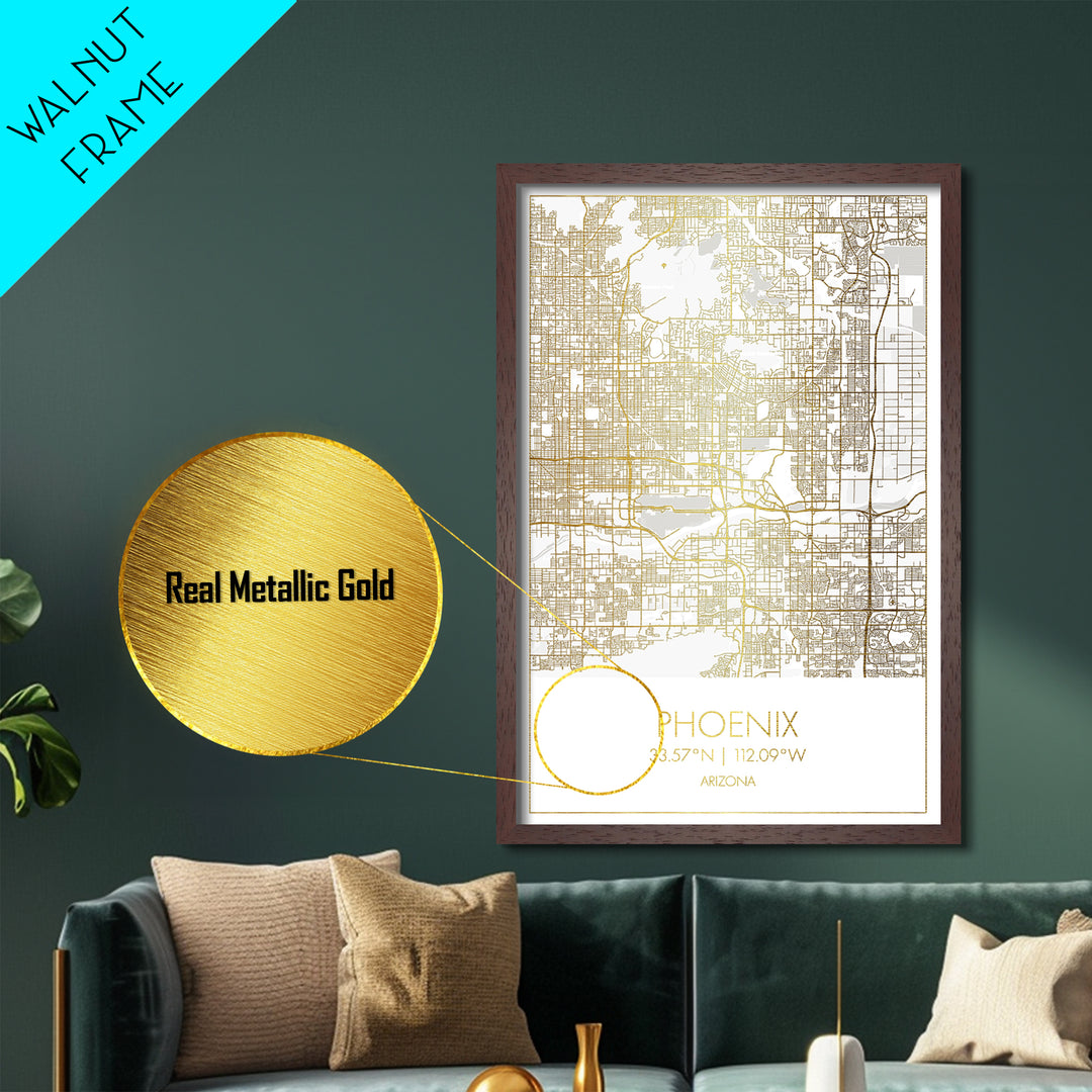 Phoenix Arizona City street map, Metallic Gold Print, Metal Art, wood framed map, black and gold, Street Map Art, Office Decor