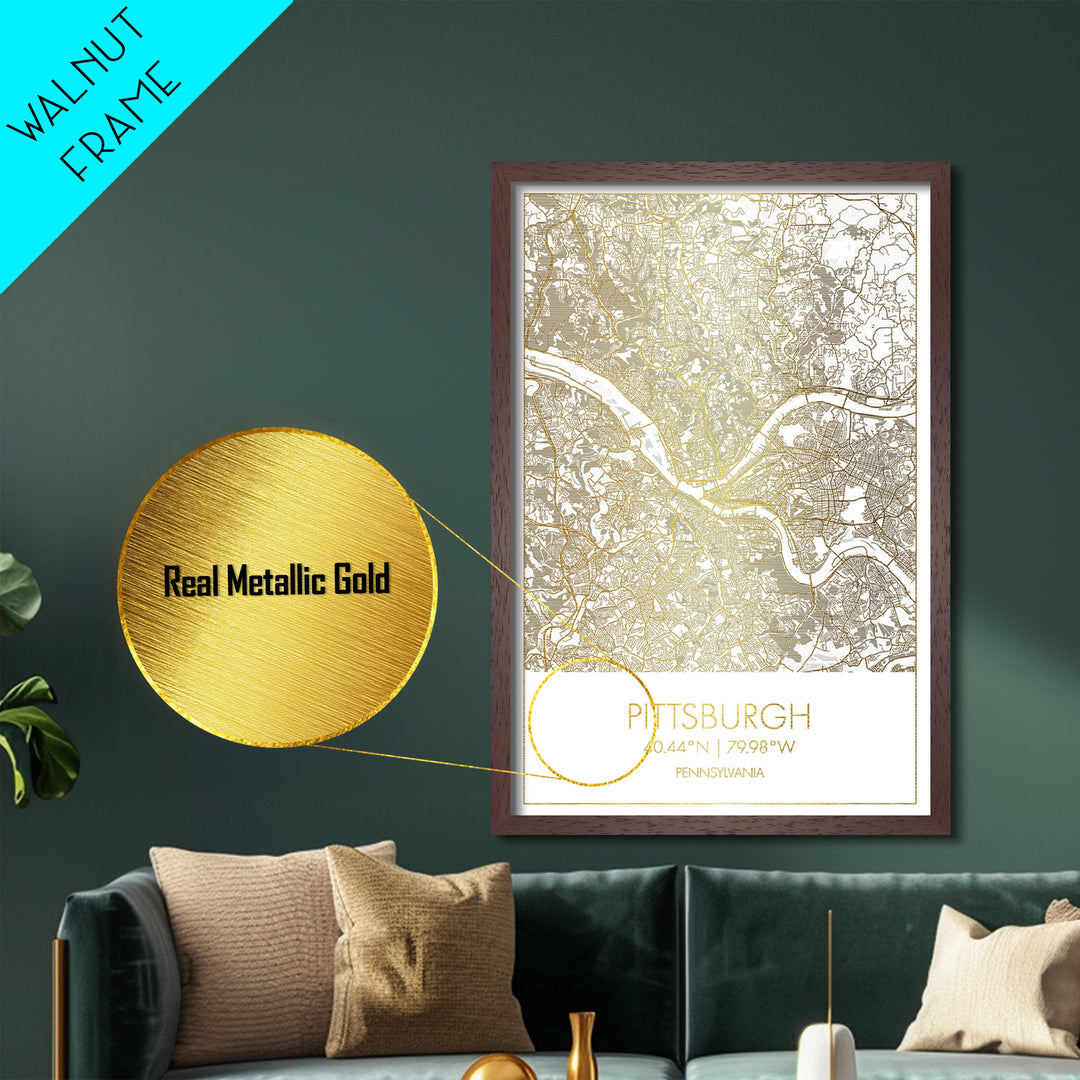 Pittsburgh Pennsylvania street map, Metallic Gold Print, Metal Art, wood framed map, black and gold, Gold Street Map Art, Modern Wall Art